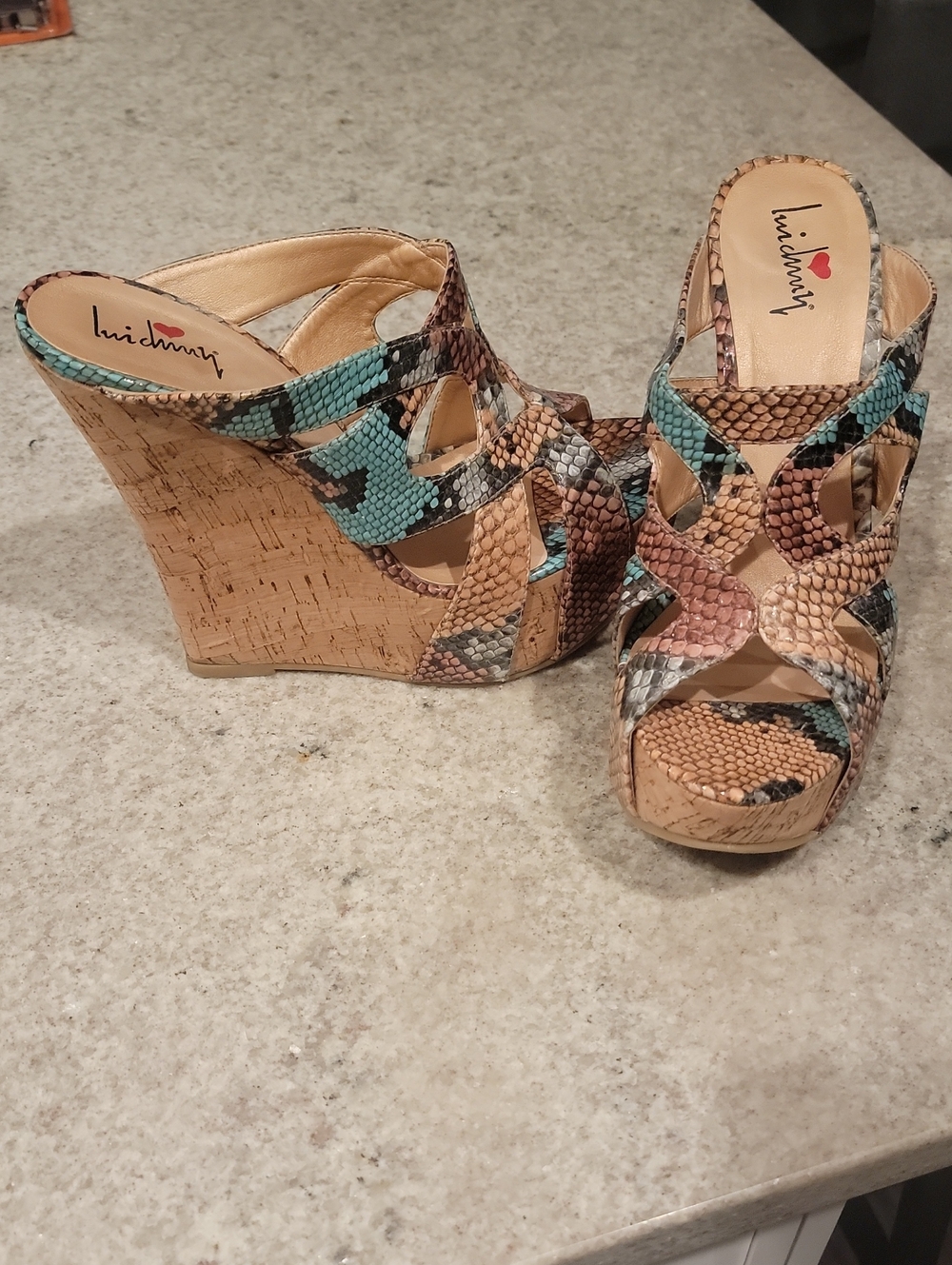 Teal & Tan Snake-Print Cork Wedge Sandals